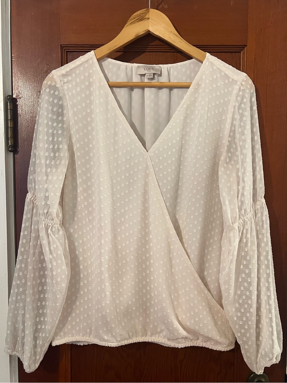 LOFT White Swiss Dot Wrap Blouse XS Long Sleeve V-Neck Balloon Sleeve Boho Top - Picture 2 of 10